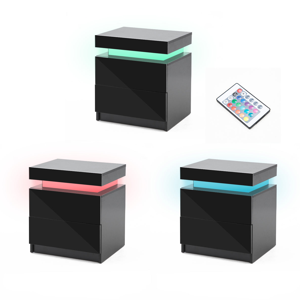 Bedside Table 2 Drawers RGB LED AURORA - BLACK
