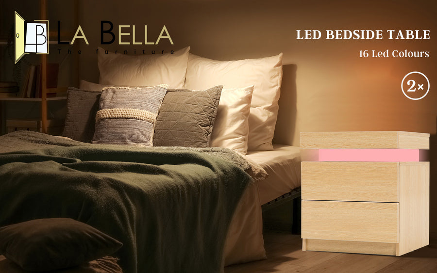 2X LED Bedside Table 2 Drawers AURORA - OAK