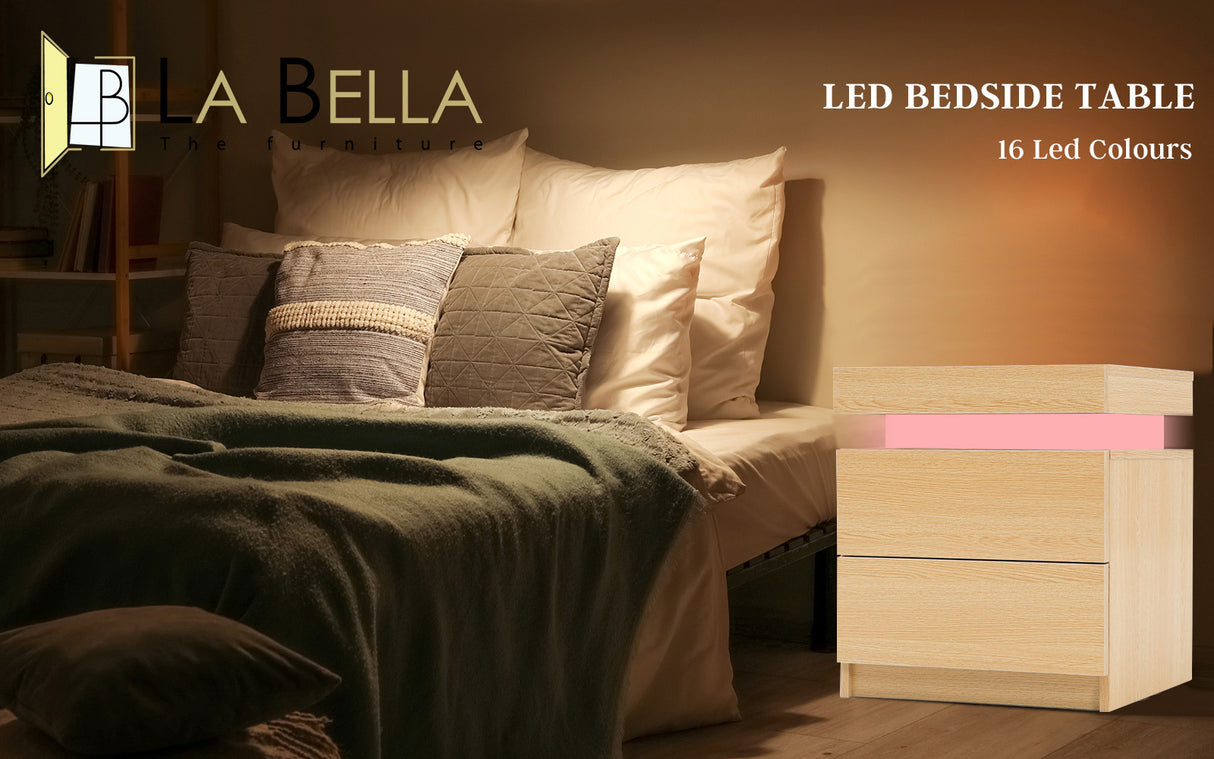 Bedside Table 2 Drawers RGB LED AURORA - OAK