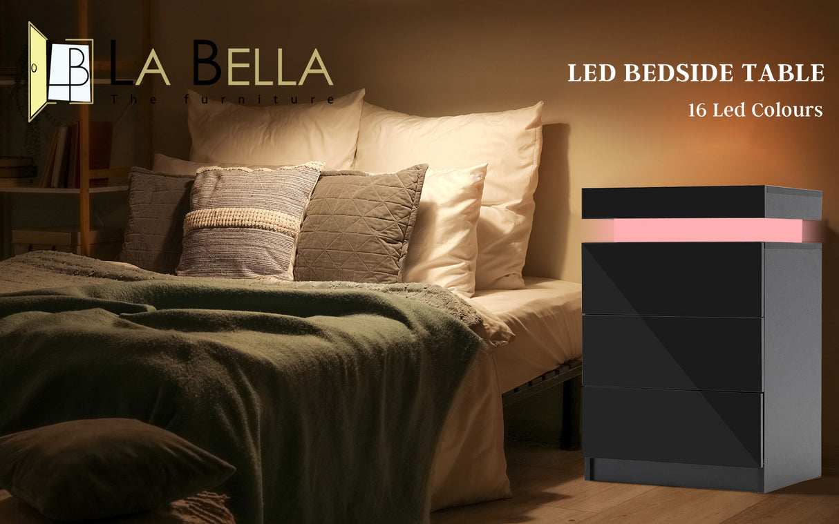 Bedside Table 3 Drawers RGB LED GLORY - BLACK