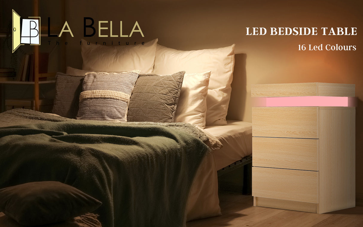 Bedside Table 3 Drawers RGB LED GLORY - OAK