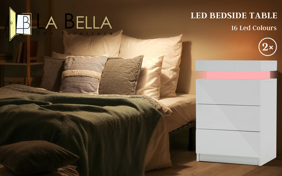 2X Bedside Table 3 Drawers RGB LED GLORY - WHITE