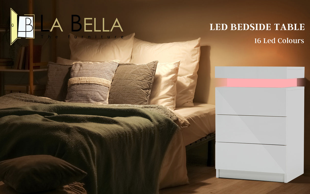 Bedside Table 3 Drawers RGB LED GLORY - WHITE