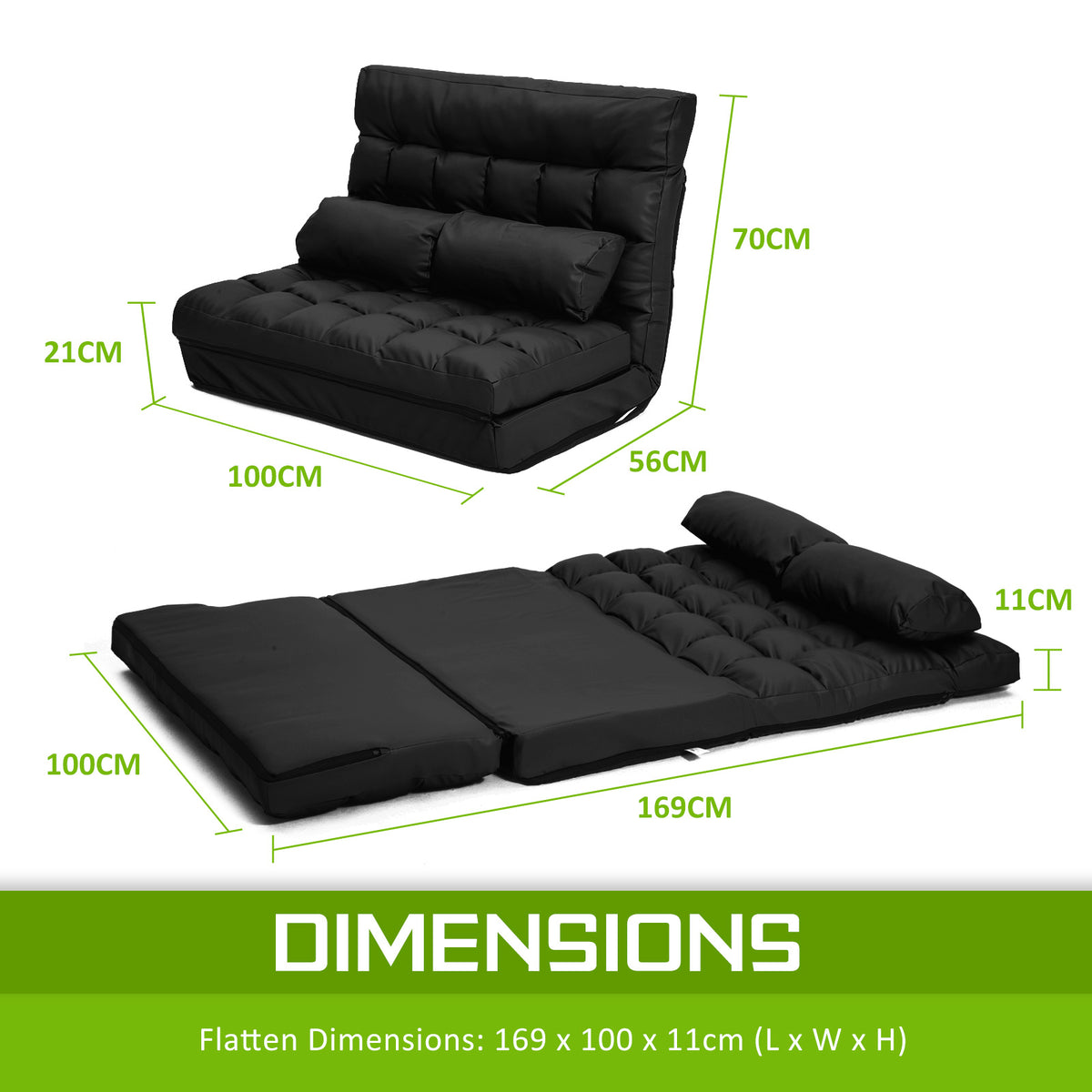 Leather Lounge Sofa Bed Double Seat Couch GEMINI - BLACK