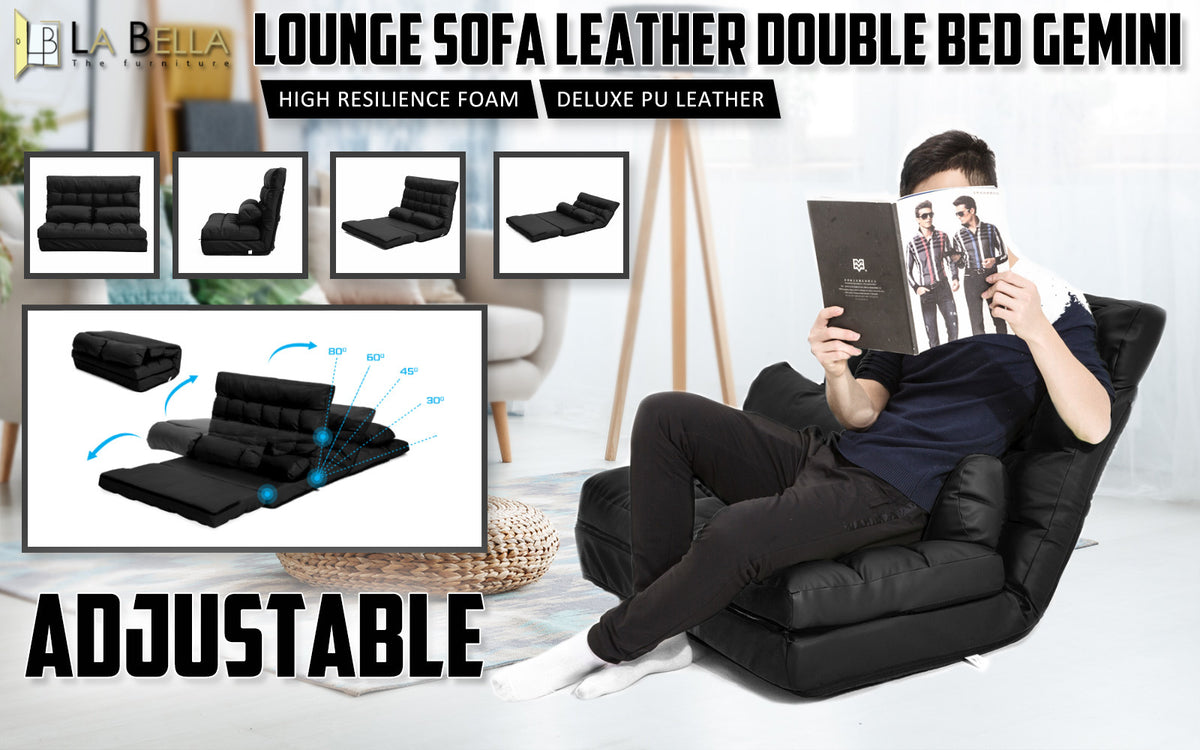 Leather Lounge Sofa Bed Double Seat Couch GEMINI - BLACK