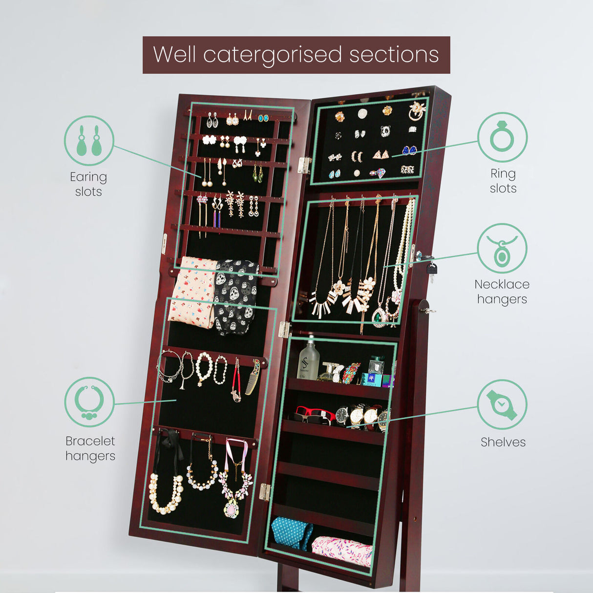 146cm Mirror Jewellery Cabinet LUVO - WALNUT