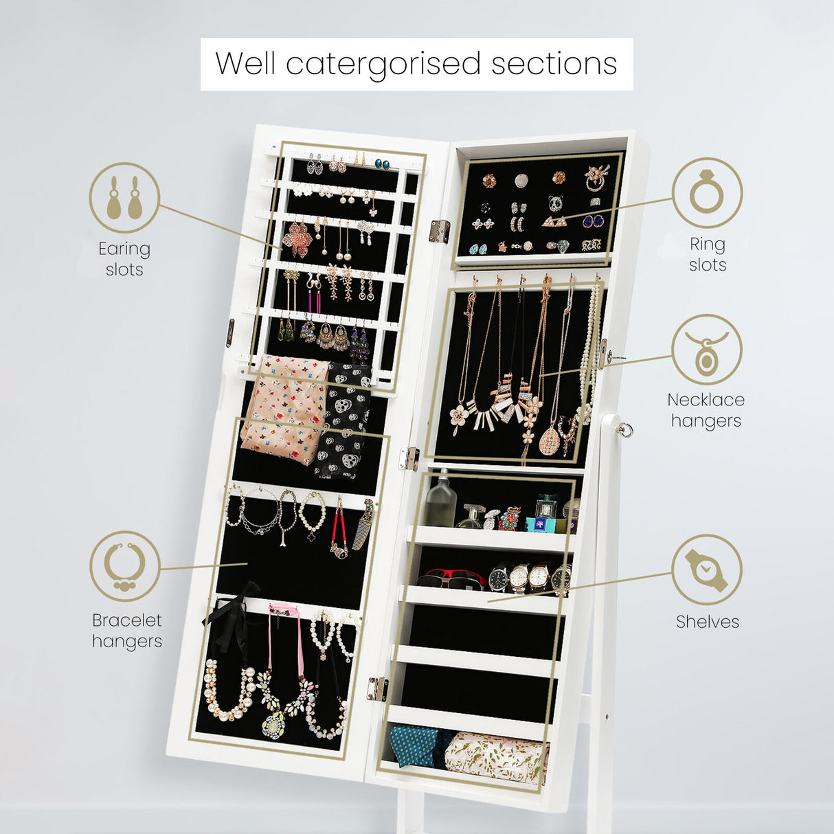 146cm Mirror Jewellery Cabinet LUVO - WHITE