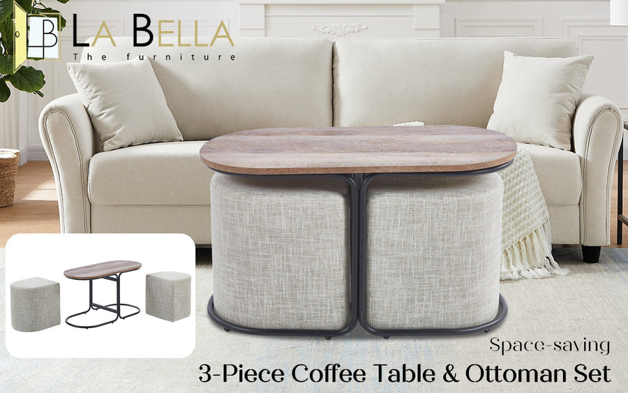 3 Piece Set Coffee Table & Ottoman - CREAM GREY
