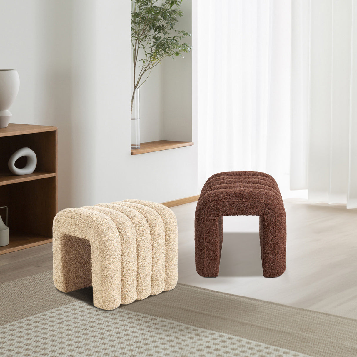 2X Ottoman Stool Teddy Fabric Ridge Arch - BEIGE