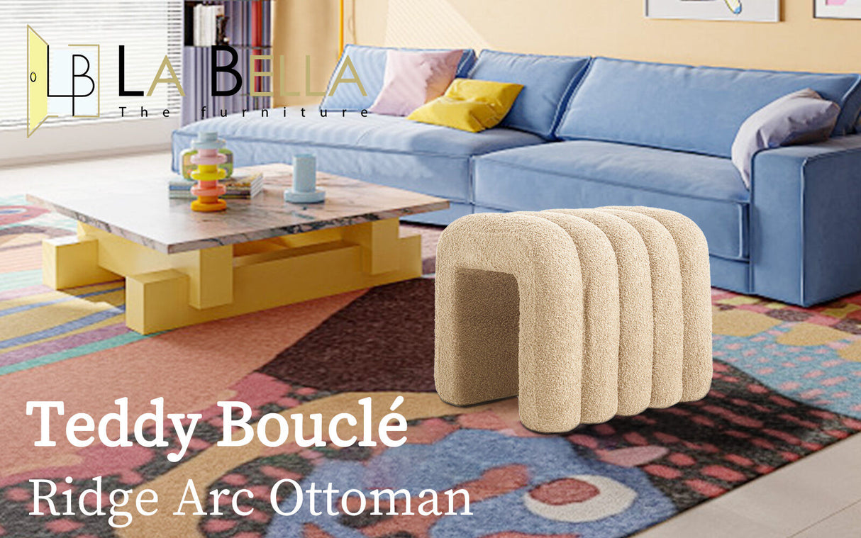 2X Ottoman Stool Teddy Fabric Ridge Arch - BEIGE