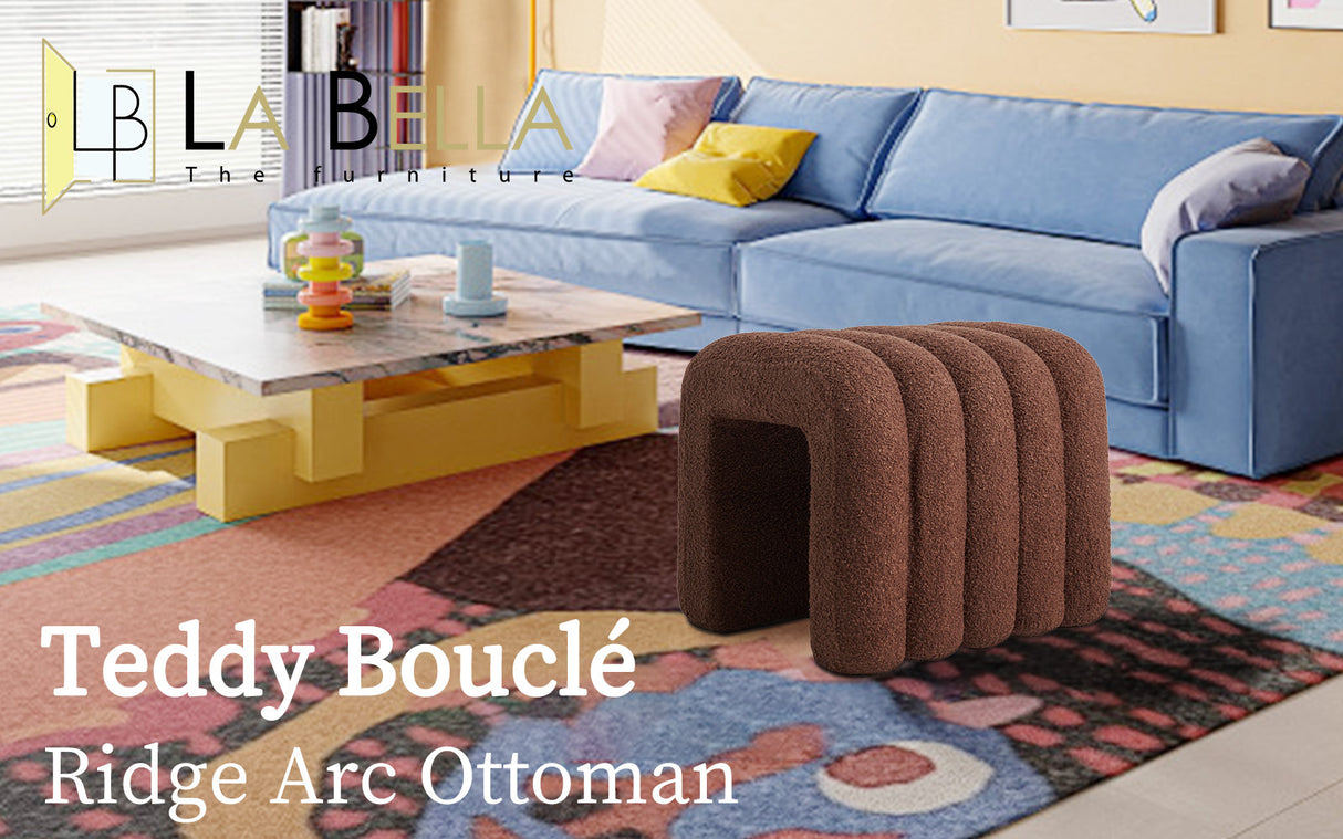 2X Ottoman Stool Teddy Fabric Ridge Arch - BROWN