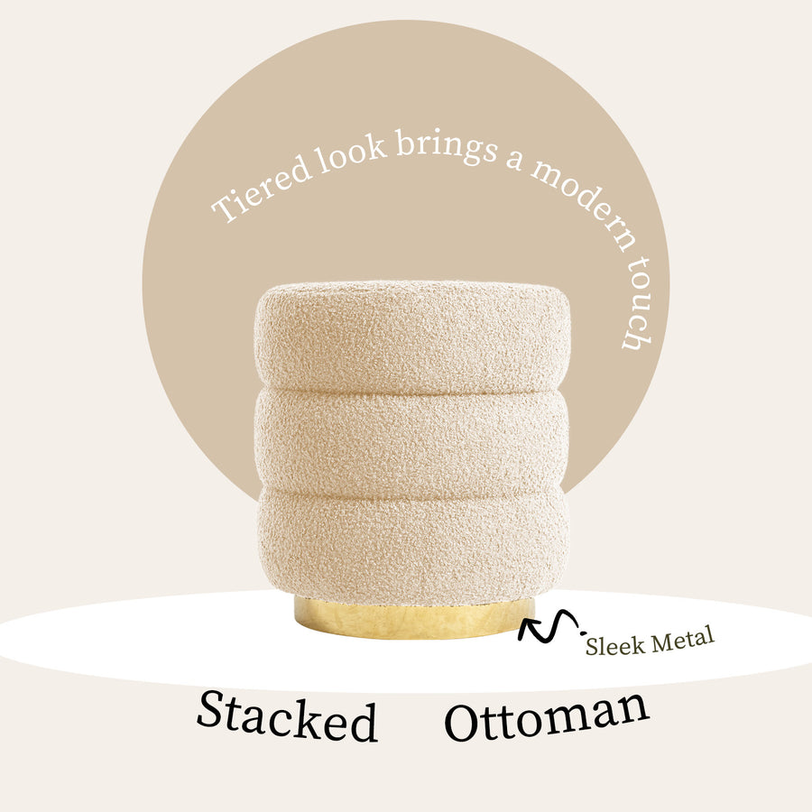 Ottoman Stool Teddy Fabric Round Stacked - BEIGE