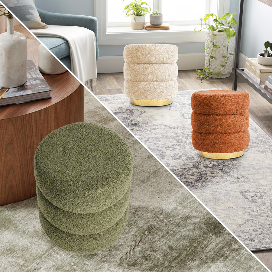 Ottoman Stool Teddy Fabric Round Stacked - BEIGE
