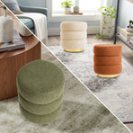 2X Ottoman Stool Teddy Fabric Round Stacked - GREEN