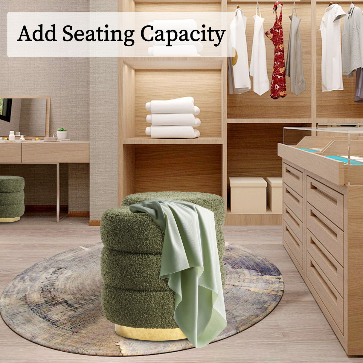 2X Ottoman Stool Teddy Fabric Round Stacked - GREEN