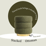 2X Ottoman Stool Teddy Fabric Round Stacked - GREEN - Top-Down View