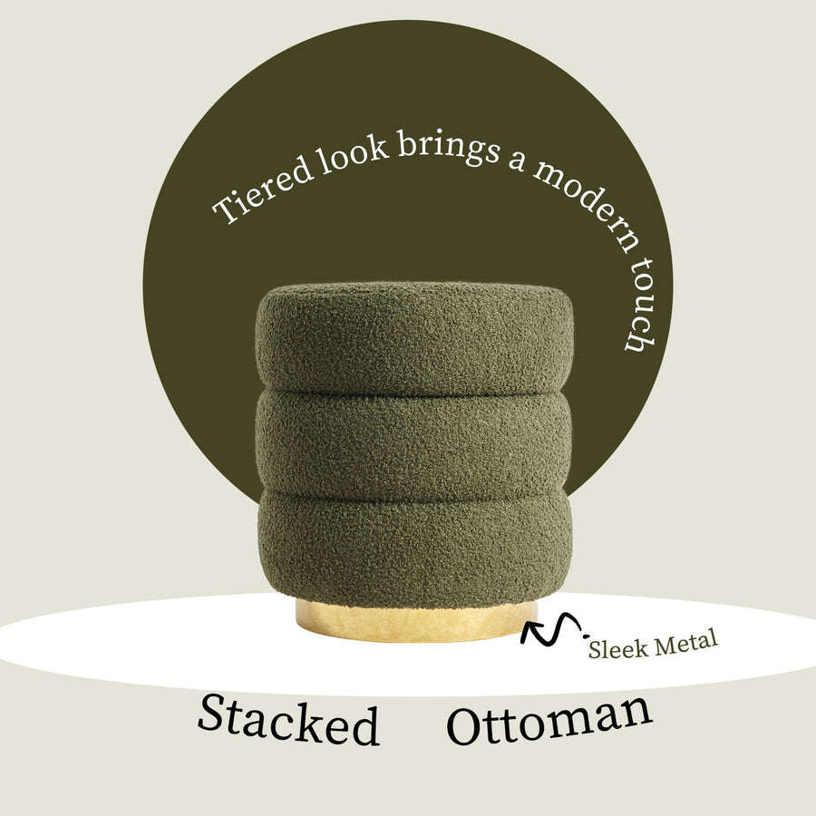Ottoman Stool Teddy Fabric Round Stacked - GREEN