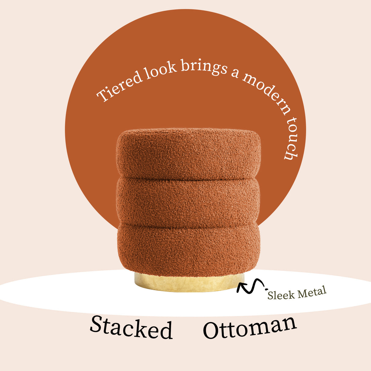2X Ottoman Stool Teddy Fabric Round Stacked - ORANGE