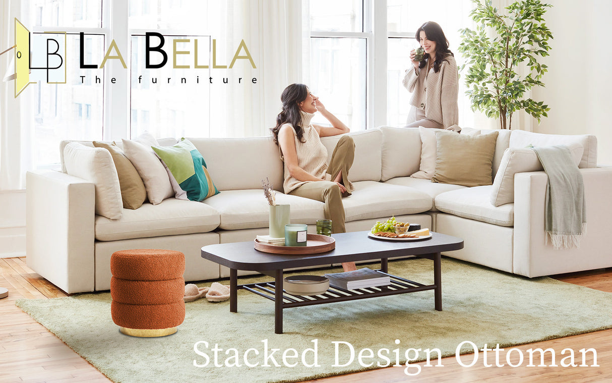 2X Ottoman Stool Teddy Fabric Round Stacked - ORANGE