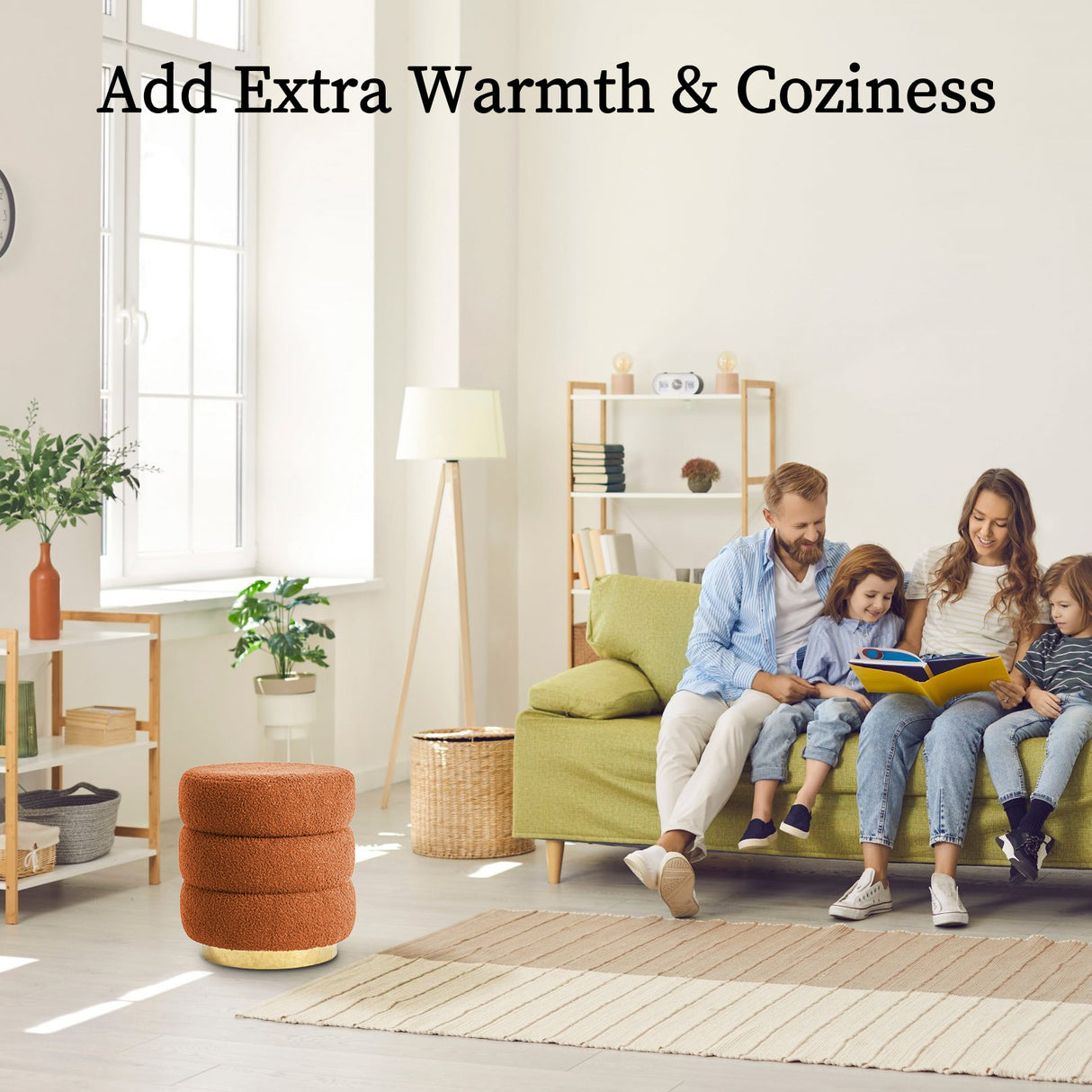 Ottoman Stool Teddy Fabric Round Stacked - ORANGE