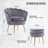 Armchair Velvet Shell Scallop + Ottoman Foot Stool - GREY - Extra Image