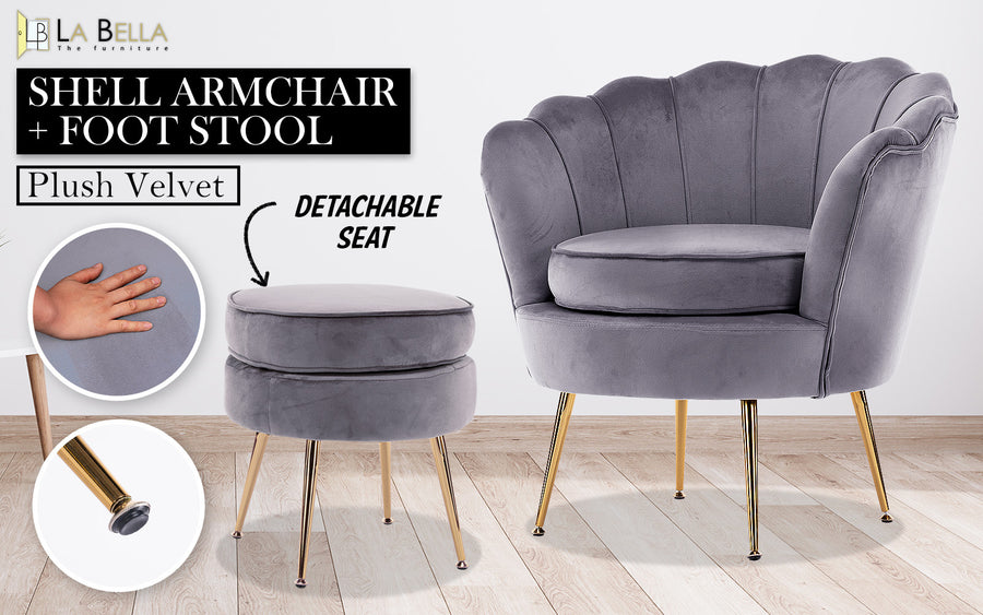 Armchair Velvet Shell Scallop + Ottoman Foot Stool - GREY