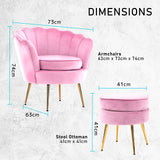 Armchair Velvet Shell Scallop + Ottoman Foot Stool - PINK - Extra Image