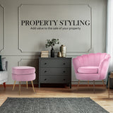 Armchair Velvet Shell Scallop + Ottoman Foot Stool - PINK - Extra Image