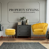 Armchair Velvet Shell Scallop + Ottoman Foot Stool - YELLOW