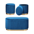 3 Piece Set Storage Ottoman - Velvet Bench Stool FAYE - BLUE