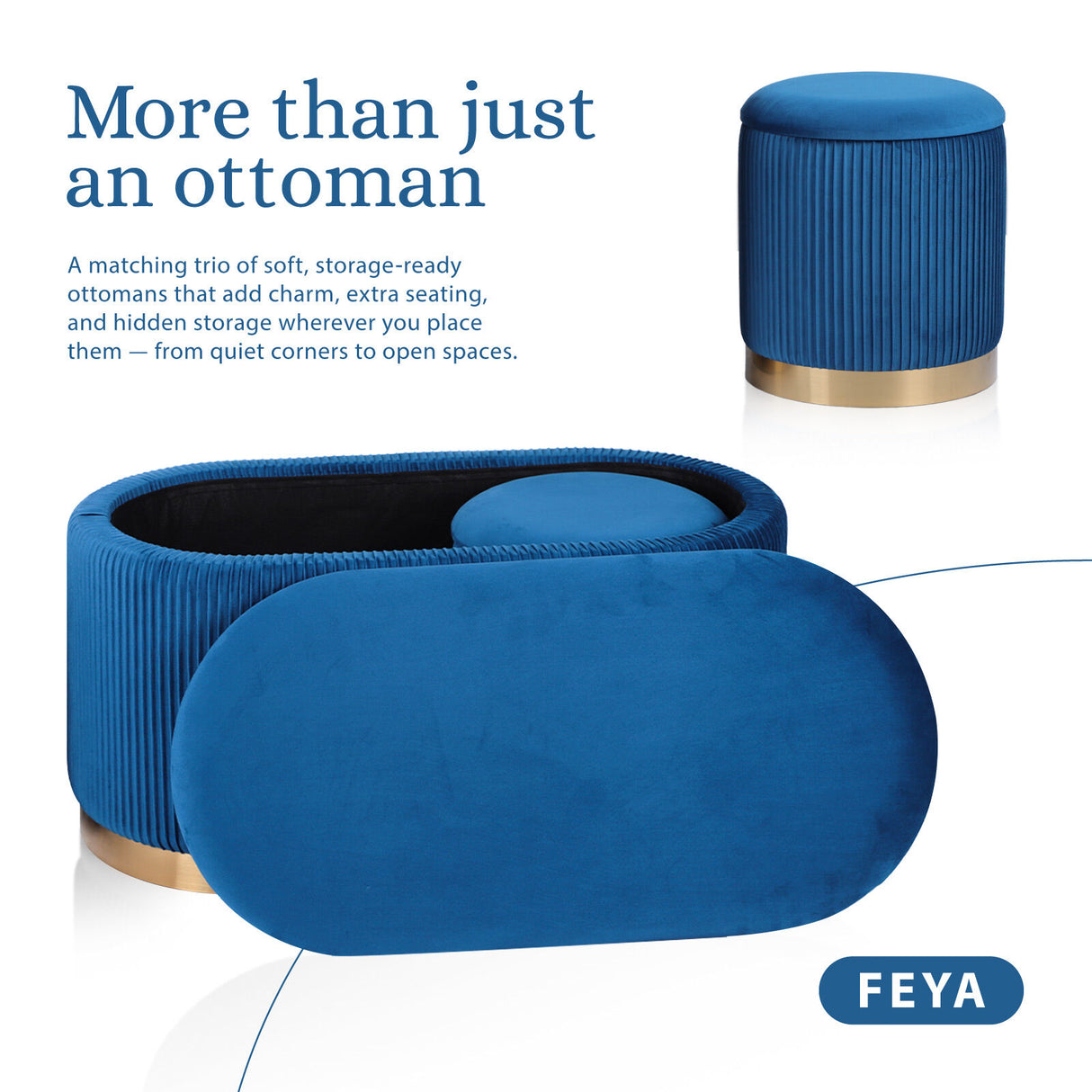 3 Piece Set Storage Ottoman - Velvet Bench Stool FAYE - BLUE