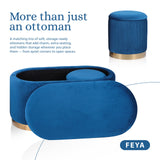 3 Piece Set Storage Ottoman - Velvet Bench Stool FAYE - BLUE - Side View