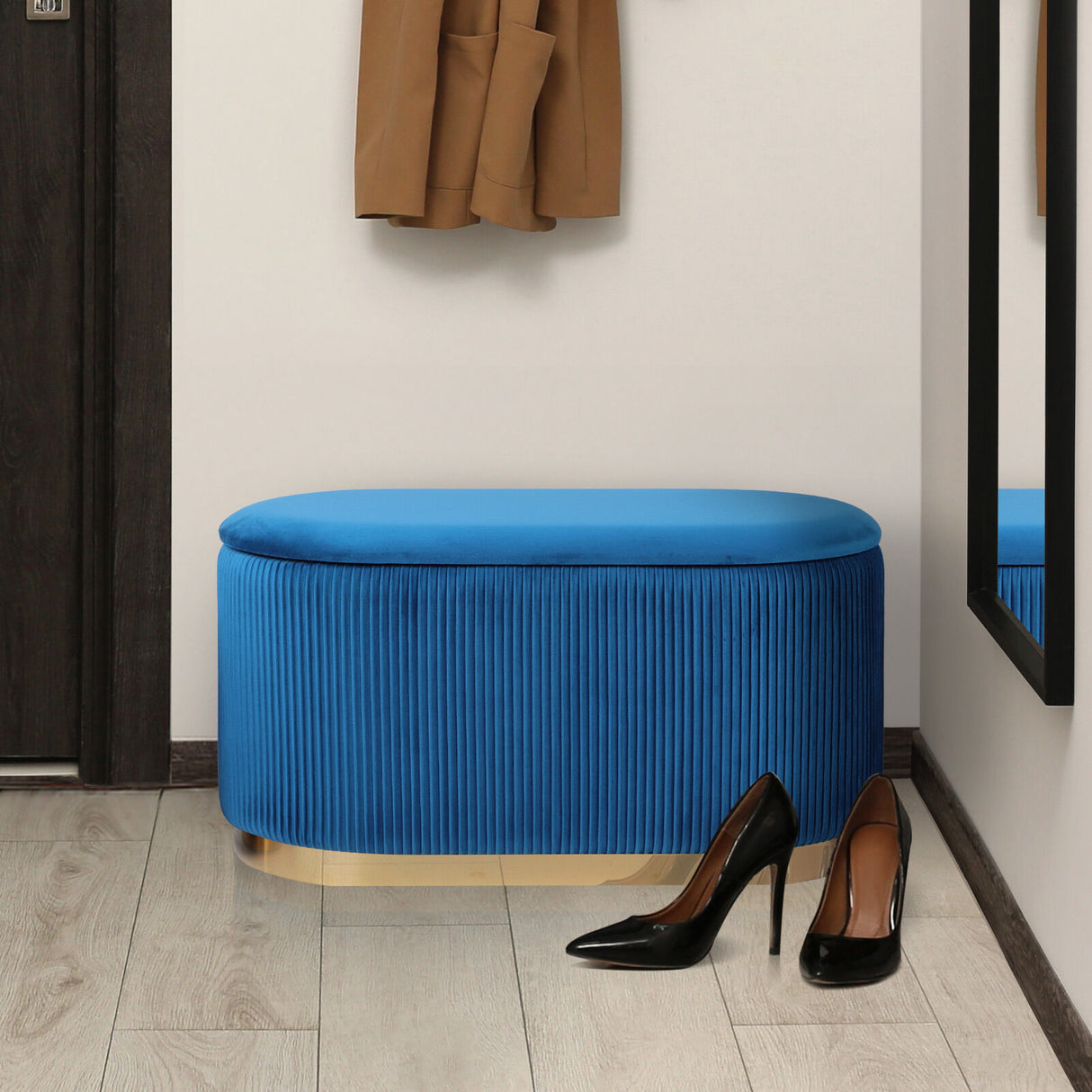 3 Piece Set Storage Ottoman - Velvet Bench Stool FAYE - BLUE