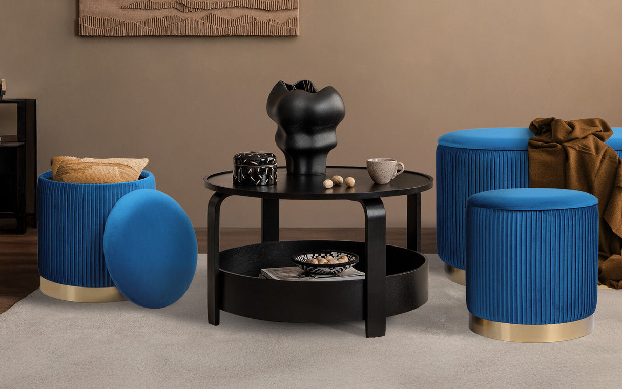 3 Piece Set Storage Ottoman - Velvet Bench Stool FAYE - BLUE