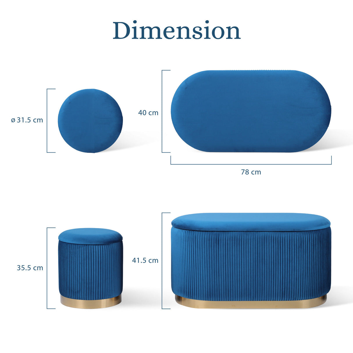 3 Piece Set Storage Ottoman - Velvet Bench Stool FAYE - BLUE