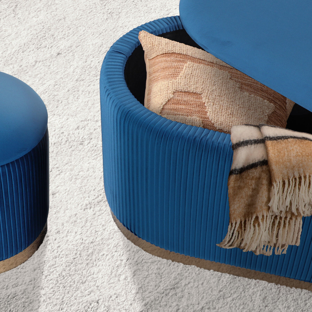 3 Piece Set Storage Ottoman - Velvet Bench Stool FAYE - BLUE