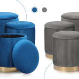 3 Piece Set Storage Ottoman - Velvet Bench Stool FAYE - BLUE