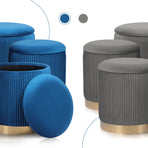 3 Piece Set Storage Ottoman - Velvet Bench Stool FAYE - BLUE