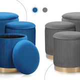 3 Piece Set Storage Ottoman - Velvet Bench Stool FAYE - BLUE - Top-Down View