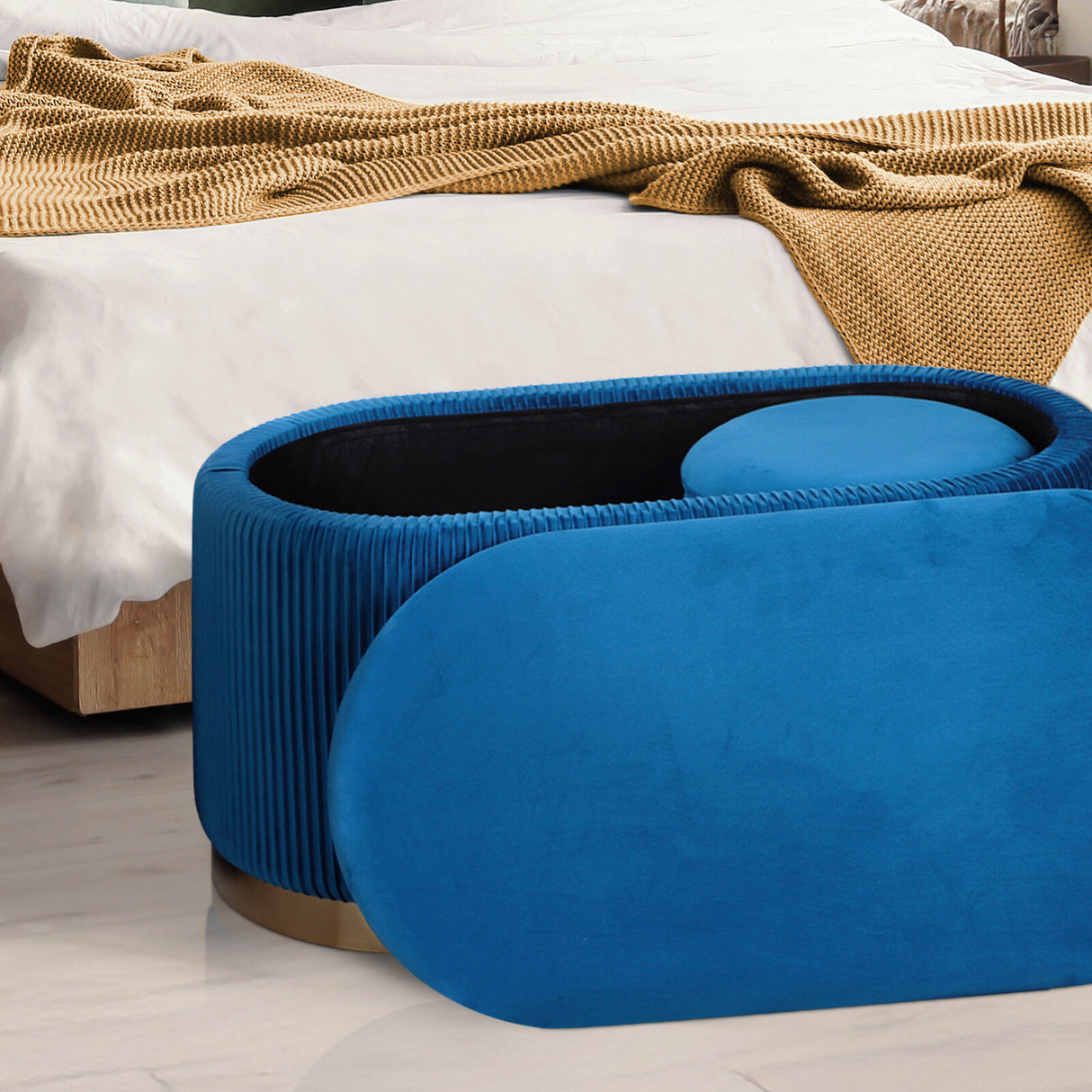 3 Piece Set Storage Ottoman - Velvet Bench Stool FAYE - BLUE