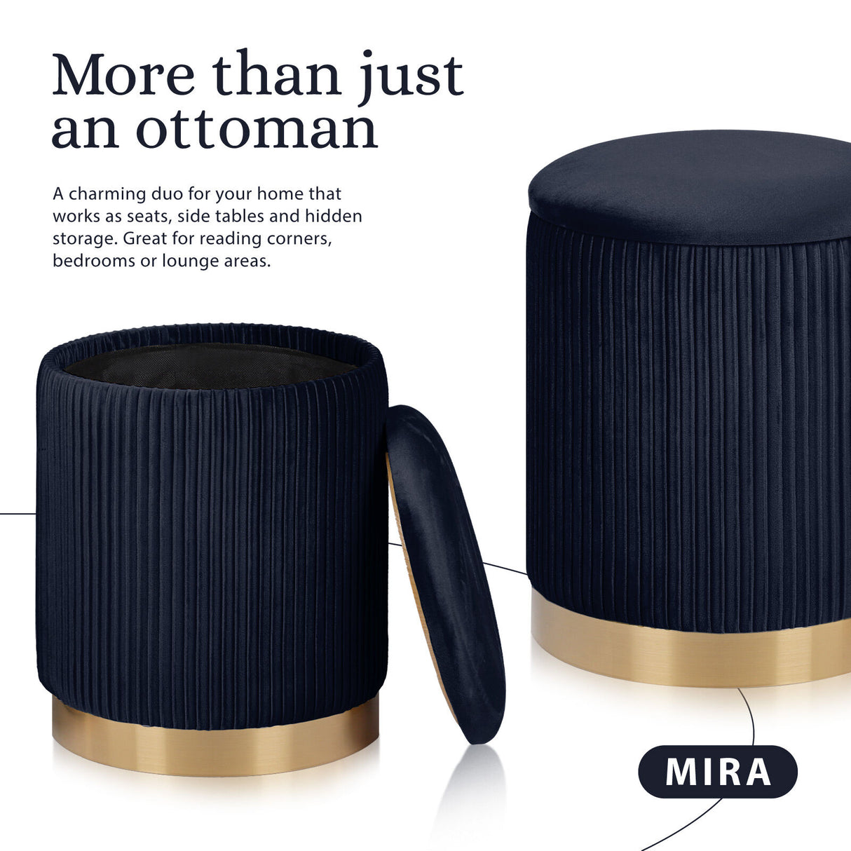 2X Side Table Storage Ottoman - Velvet MIRA BLACK