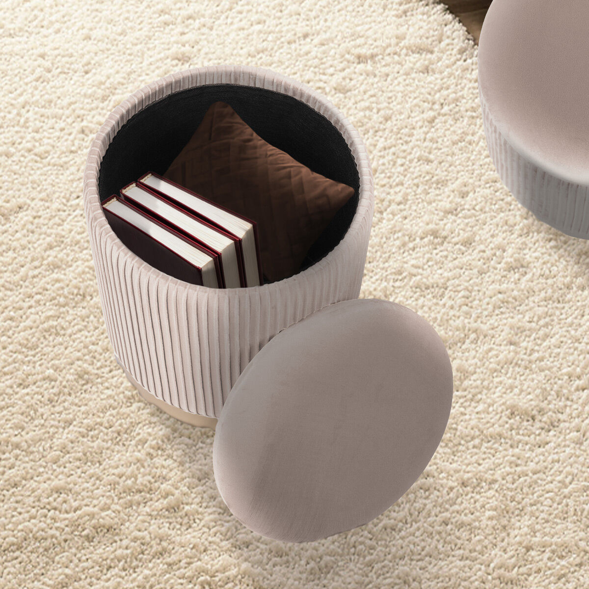 2X Side Table Storage Ottoman - Velvet MIRA CREAM