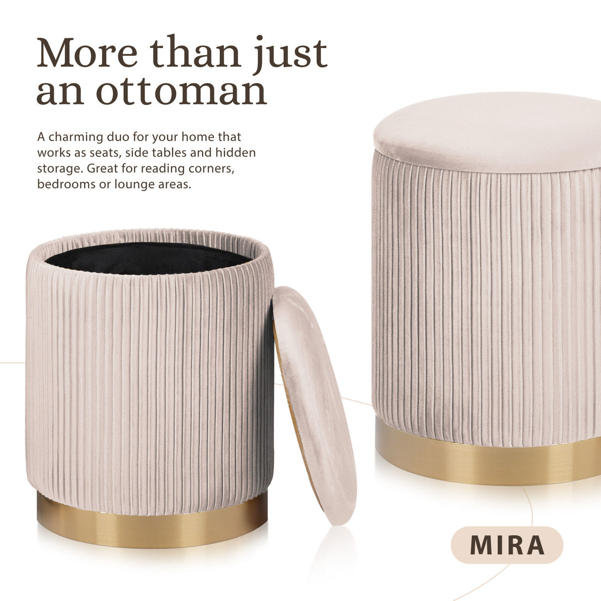2X Side Table Storage Ottoman - Velvet MIRA CREAM
