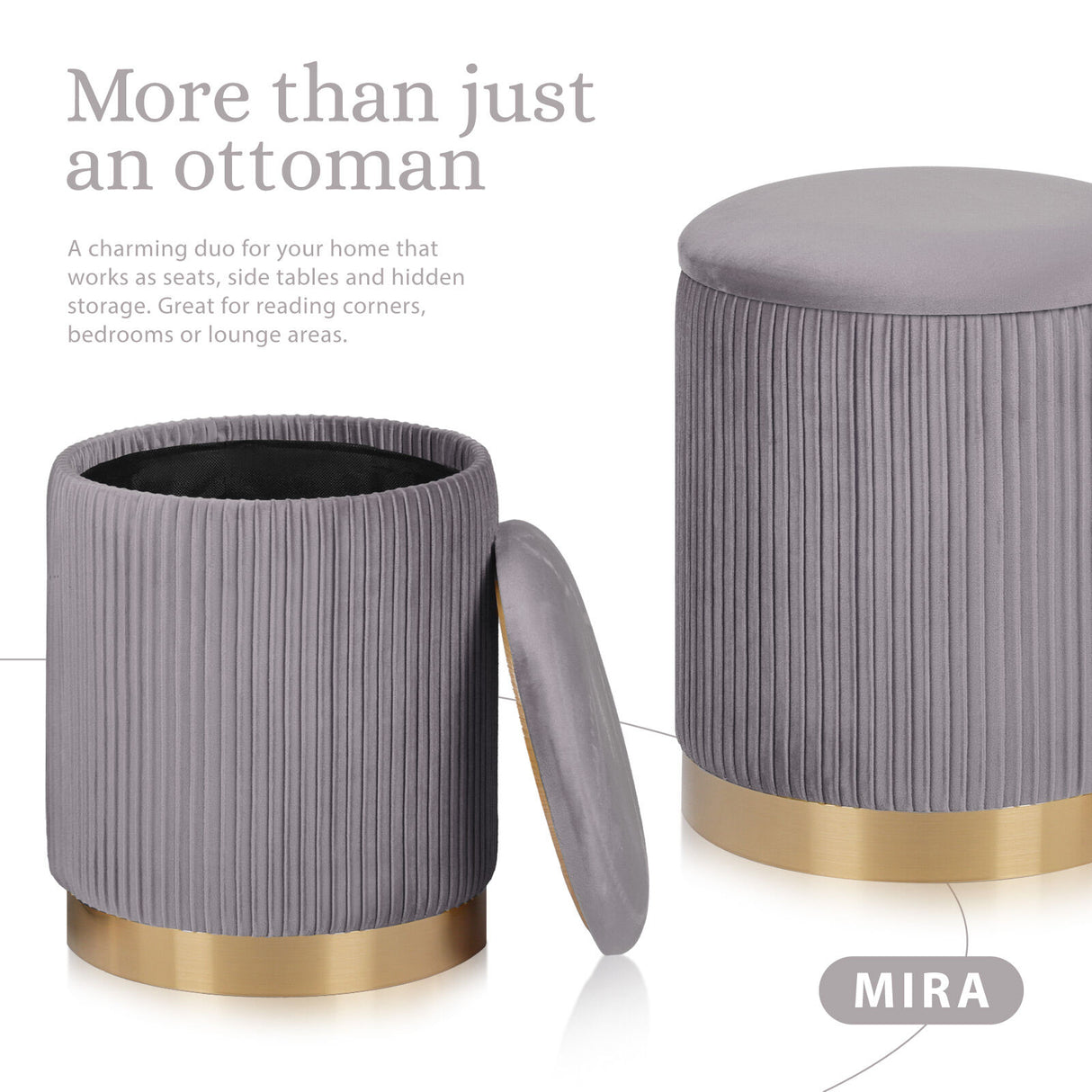 2X Side Table Storage Ottoman - Velvet MIRA GREY