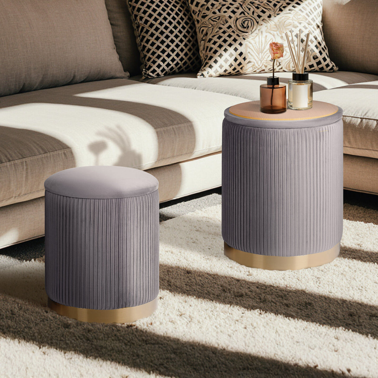 2X Side Table Storage Ottoman - Velvet MIRA GREY