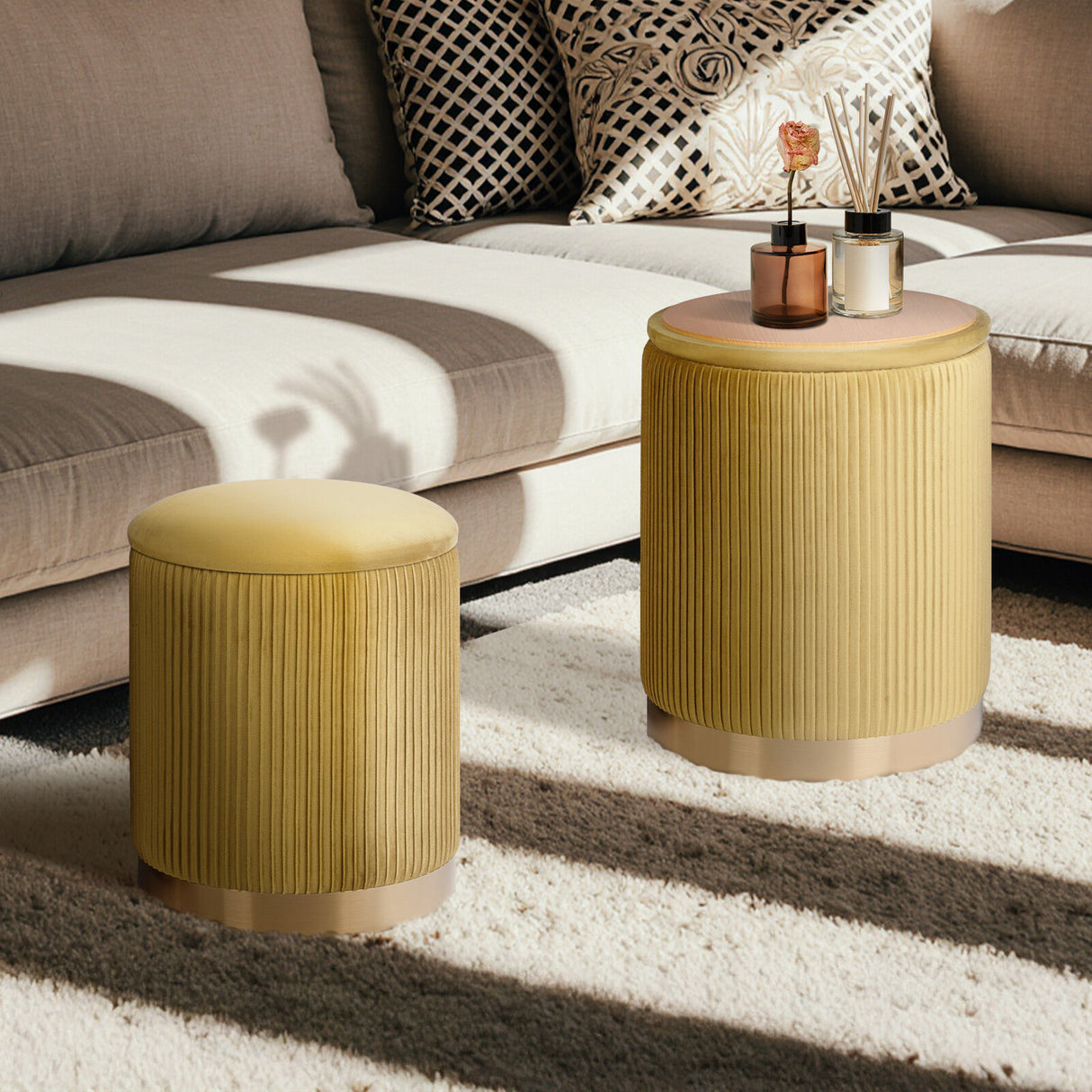 2X Side Table Storage Ottoman - Velvet MIRA MUSTARD