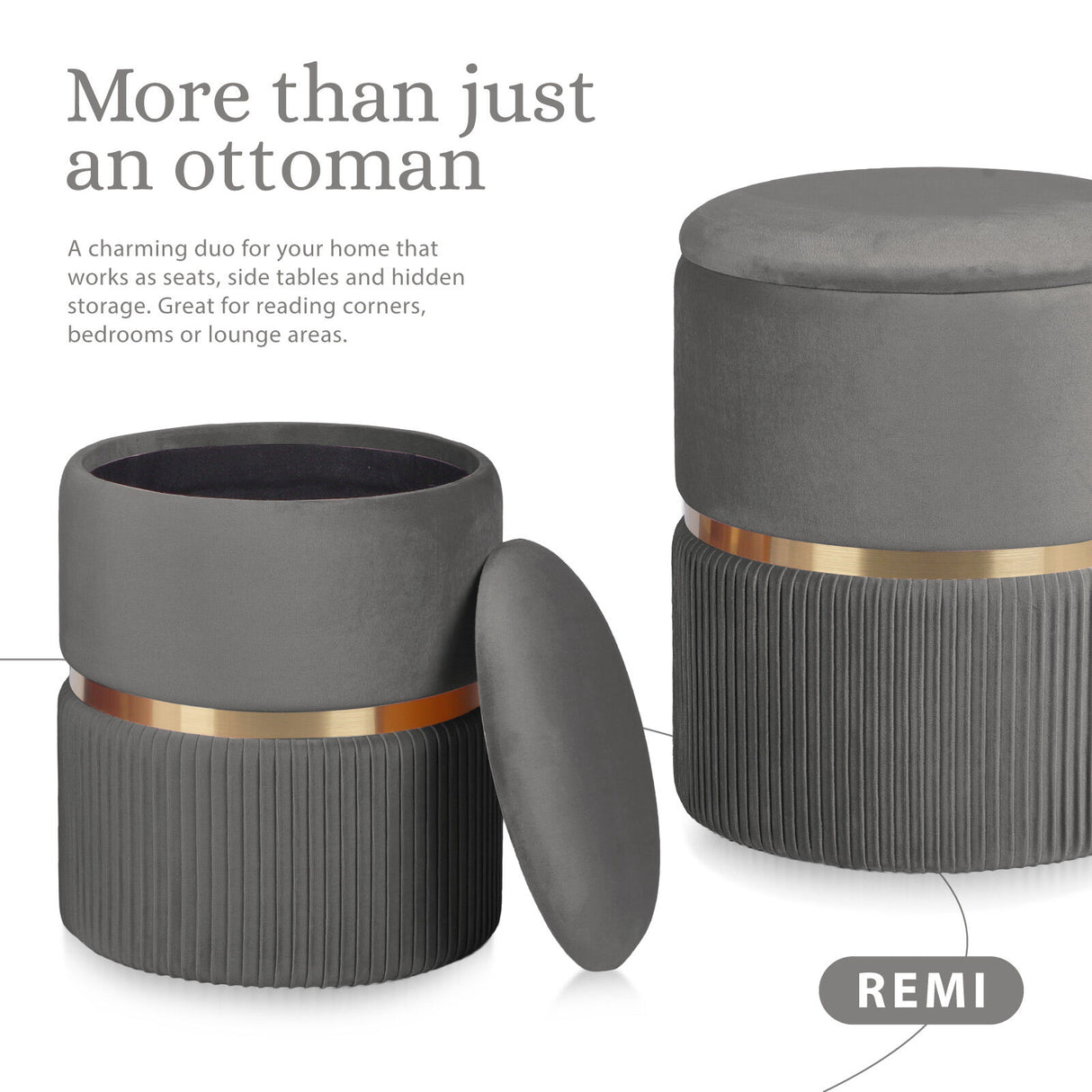 2X Side Table Storage Ottoman - Velvet Stool Footstool REMI - GREY