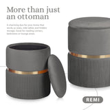 2X Side Table Storage Ottoman - Velvet Stool Footstool REMI - GREY - Side View