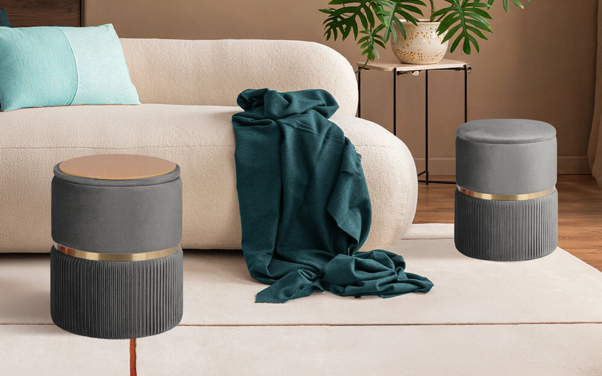 2X Side Table Storage Ottoman - Velvet Stool Footstool REMI - GREY