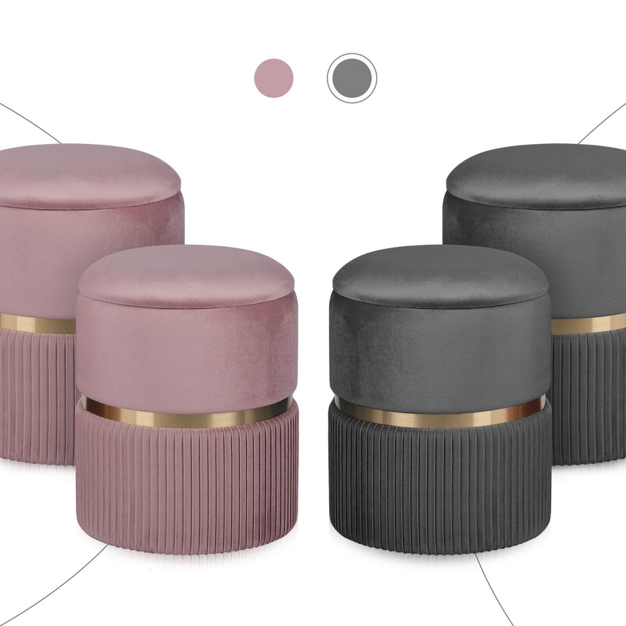 2X Side Table Storage Ottoman - Velvet Stool Footstool REMI - GREY